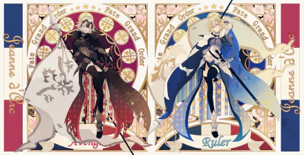 Anime-inspired HD wallpaper featuring Jeanne d'Arc from the Fate series, showcasing her in elegant armor with distinct designs labeled Aveng and Skuller from Fate/Grand Order.