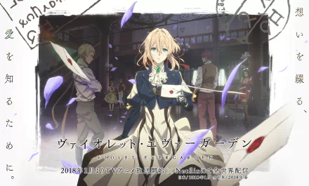 Anime HD wallpaper featuring Violet Evergarden, the character from the series Violet Evergarden, standing amidst letters and petals with a nostalgic ambiance in the background.