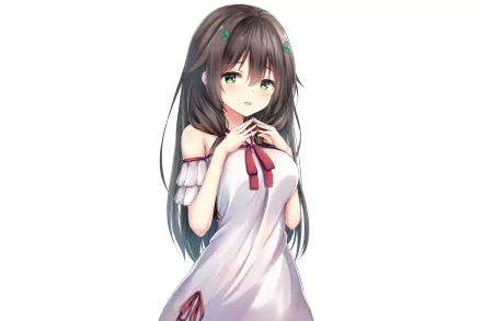 HD anime-style original artwork of a girl with long dark hair and green eyes in a white dress, designed as a PC desktop wallpaper and background.