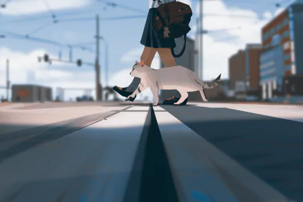 HD anime-style original PC desktop wallpaper featuring a person walking across a street with a white cat at their feet in an urban setting.