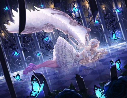 HD anime wallpaper featuring an original character in an elegant white dress, lying on a shiny, reflective floor, surrounded by glowing blue butterflies in a fantasy-like setting.