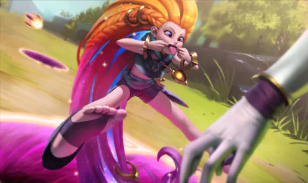 HD League of Legends desktop wallpaper featuring Zoe dynamically leaping with vibrant colors and magical energy in a lush outdoor setting.