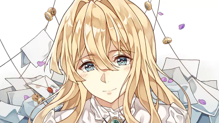 HD anime desktop wallpaper featuring Violet Evergarden with flowing blonde hair, blue eyes, and scattered letters and petals in the background.