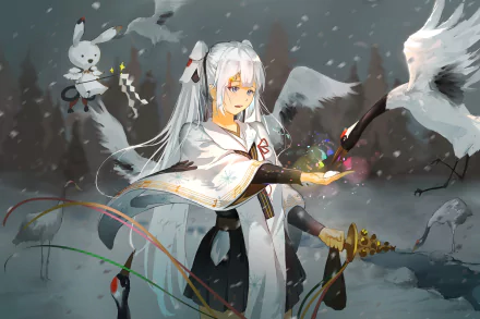 HD anime desktop wallpaper featuring Hatsune Miku in a snowy scene with white cranes and a small floating bunny, blending Vocaloid elements with serene winter imagery.