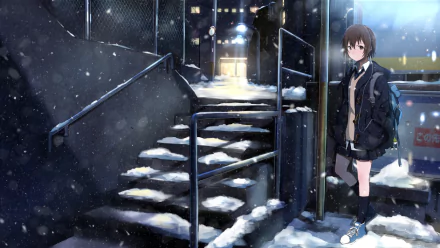 Anime-style winter night scene featuring a girl standing near snow-covered stairs, illuminated by streetlights, captured as a HD PC desktop wallpaper and background.