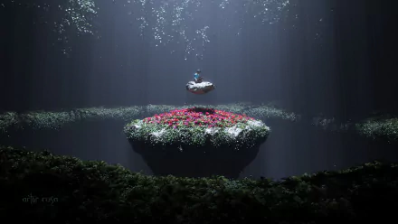 A magical fantasy scene with a glowing figure levitating above a floating island covered in bright flowers, set in a dark, mystical forest – HD PC desktop wallpaper.