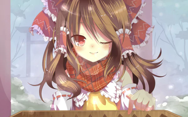 Anime-style 4K Ultra HD desktop wallpaper featuring Reimu Hakurei from Touhou, with warm colors and detailed shading in a snowy outdoor setting.