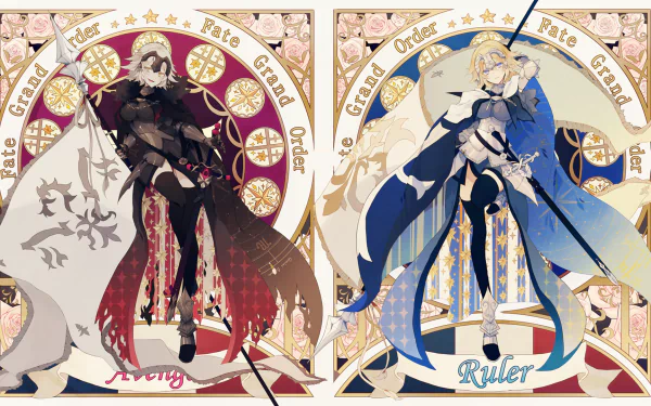 Anime-inspired HD wallpaper featuring Jeanne d'Arc from the Fate series, showcasing her in elegant armor with distinct designs labeled Aveng and Skuller from Fate/Grand Order.