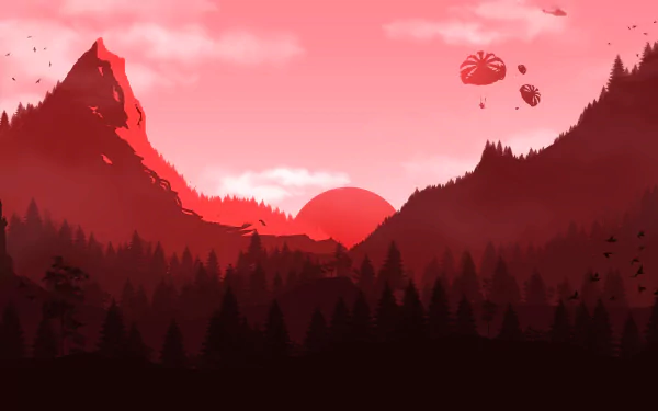An artistic 8K Ultra HD wallpaper depicting a sunset over a forested mountain with a lighthouse, birds in flight, a helicopter, and skydivers descending through the sky.
