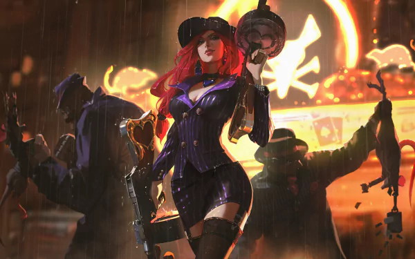 HD desktop wallpaper featuring Miss Fortune from League of Legends, set against a fiery background with shadowy figures and a pirate flag emblem.