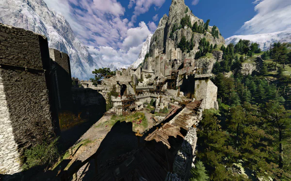 A detailed 8K Ultra HD PC wallpaper featuring a mountainous fortress landscape from the video game The Witcher 3: Wild Hunt under a partly cloudy sky.