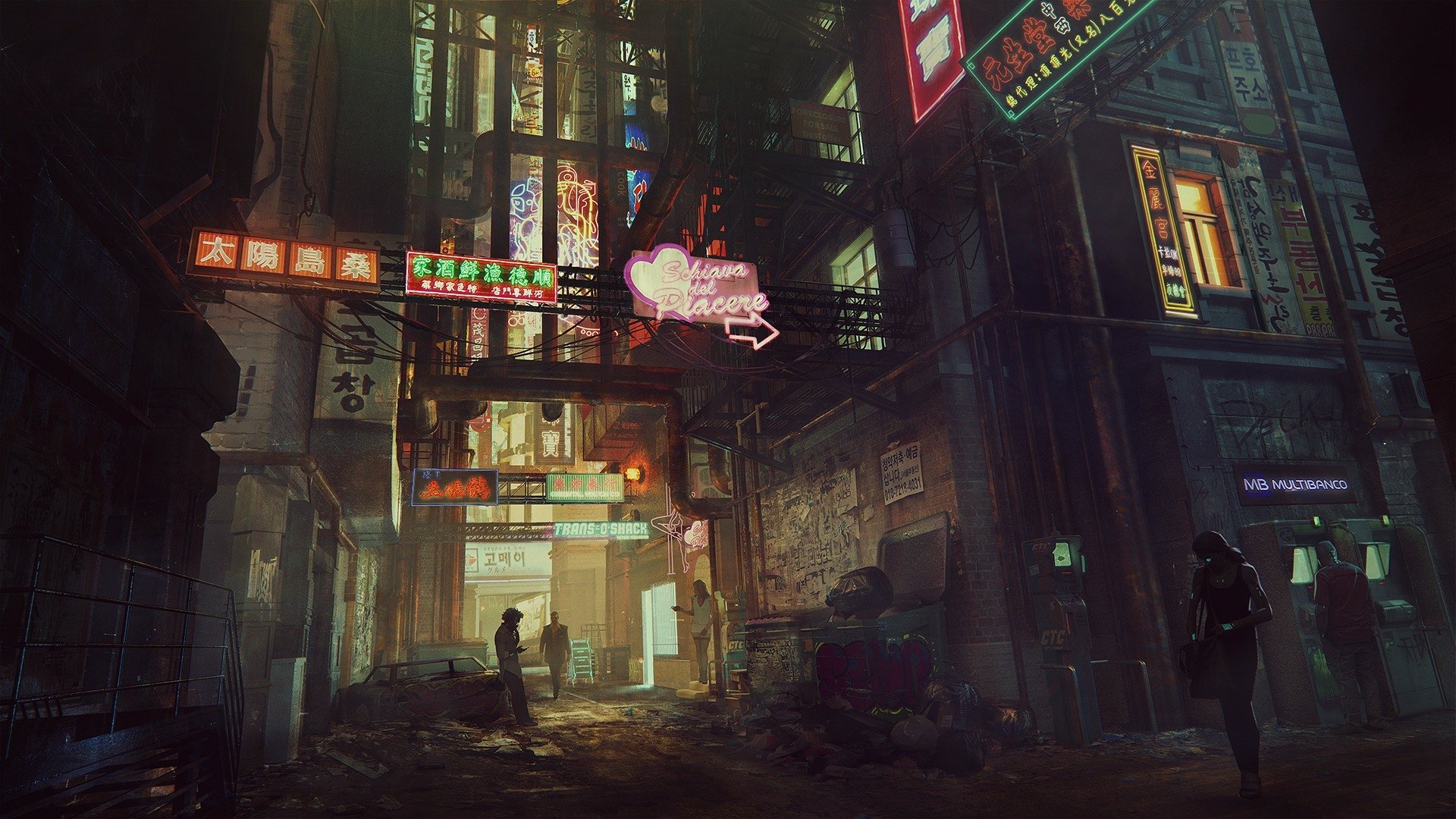 A futuristic cyberpunk cityscape at night, with neon signs illuminating the streets and people walking through narrow alleyways. This HD desktop wallpaper captures a sci-fi urban atmosphere.