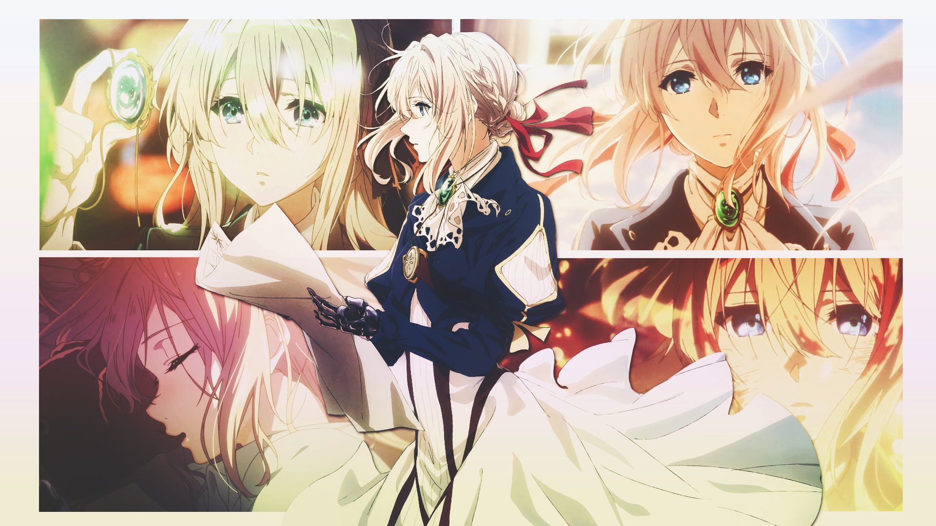 HD desktop wallpaper featuring Violet Evergarden, the anime character from Violet Evergarden, shown in multiple scenes and emotional expressions.