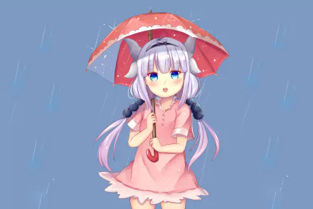Kanna Kamui from Miss Kobayashi's Dragon Maid holding a red umbrella in the rain, rendered as a vibrant 4K Ultra HD anime desktop wallpaper.