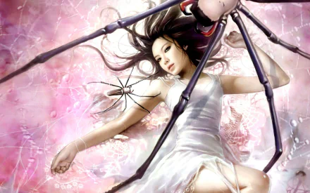 2K Quad HD PC desktop wallpaper: a fantasy scene of a reclining woman entwined with spider-like limbs amid a pink, webbed, ethereal background.