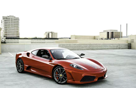 Red Ferrari F430 car parked on a rooftop with a city skyline, Ferrari vehicle presented in an HD PC desktop wallpaper and background.