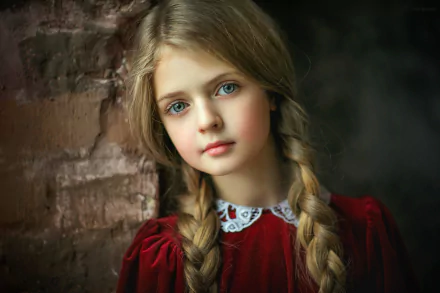 HD desktop wallpaper of a blonde little girl with blue eyes and braided hair, wearing a red dress, posing against a rustic brick wall background.