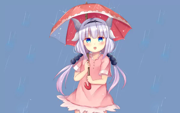 Kanna Kamui from Miss Kobayashi's Dragon Maid holding a red umbrella in the rain, rendered as a vibrant 4K Ultra HD anime desktop wallpaper.