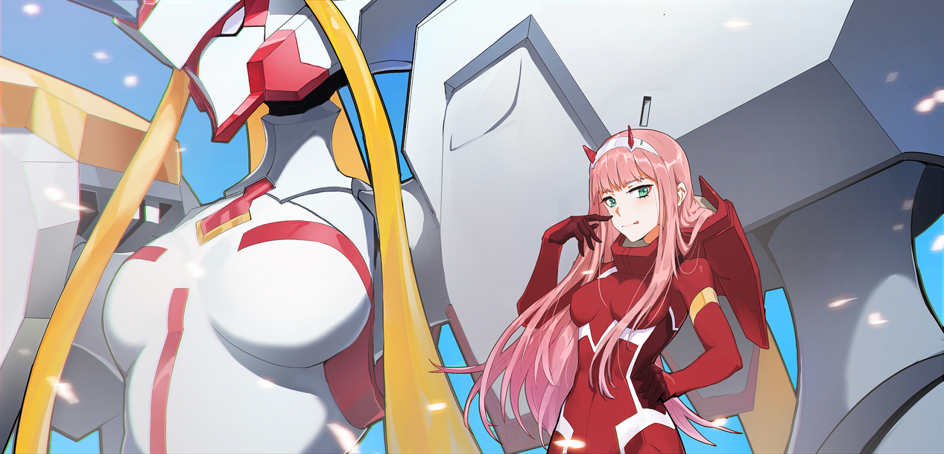 HD desktop wallpaper featuring Zero Two from the anime Darling in the FranXX, showcasing her in her red pilot suit alongside a giant mecha backdrop under a clear blue sky.