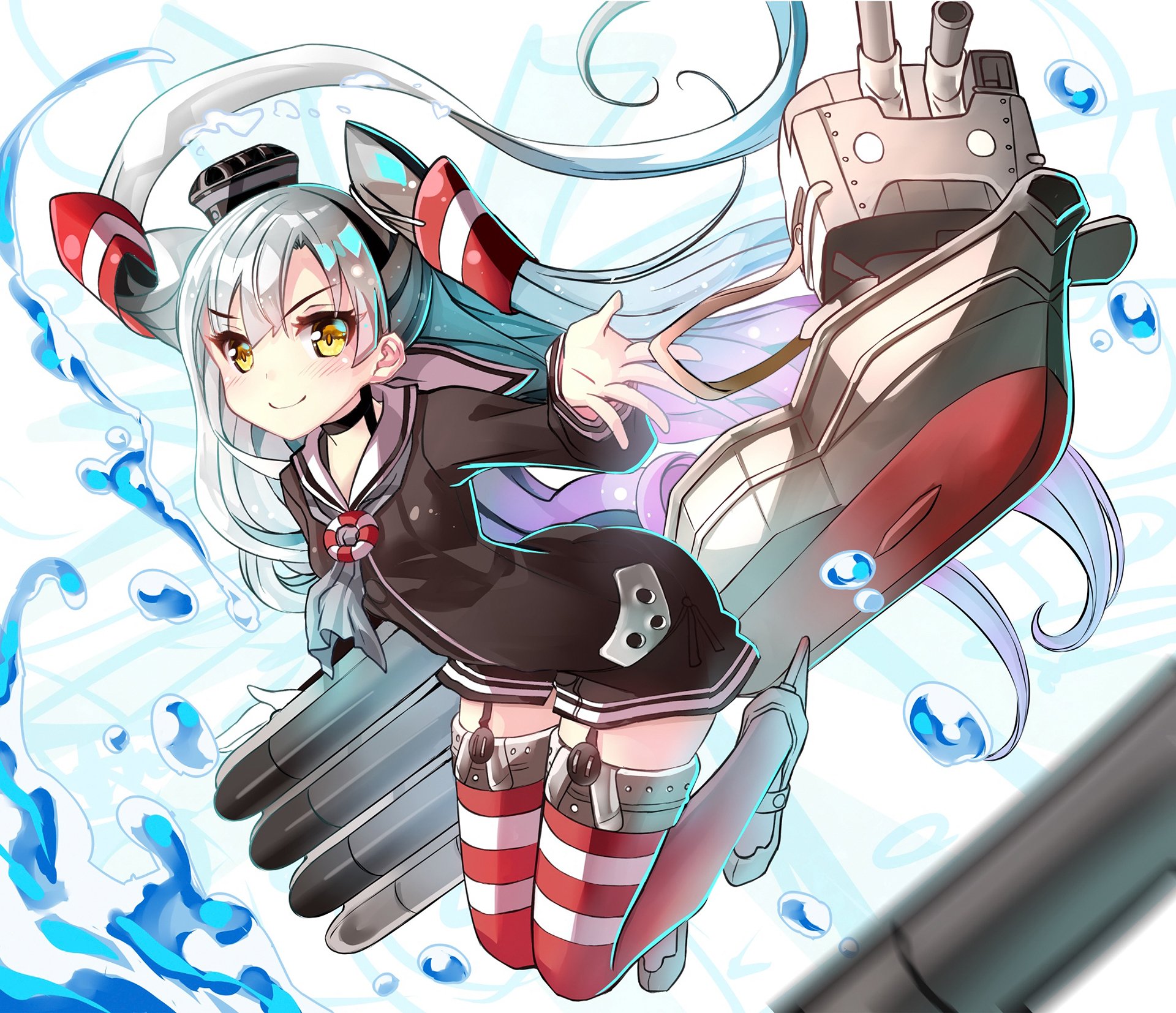 Amatsukaze (Kancolle) — Kantai Collection anime HD PC wallpaper: silver‑haired ship girl in a black sailor outfit with mechanical rigging and splashing water.