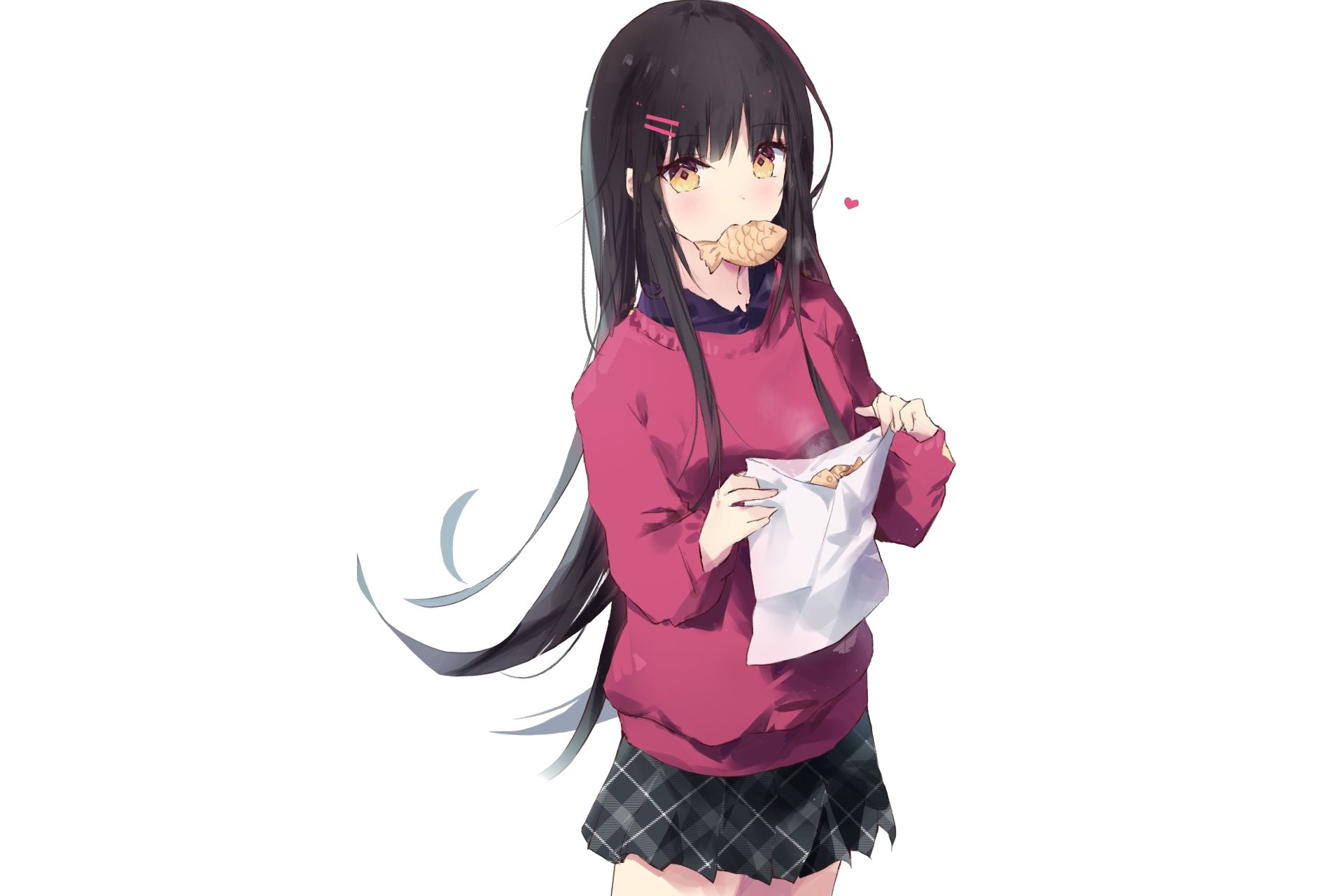 HD anime original artwork features a girl with long black hair and pink hairpins, wearing a red sweater and black skirt, holding a paper bag with a snack in her mouth.