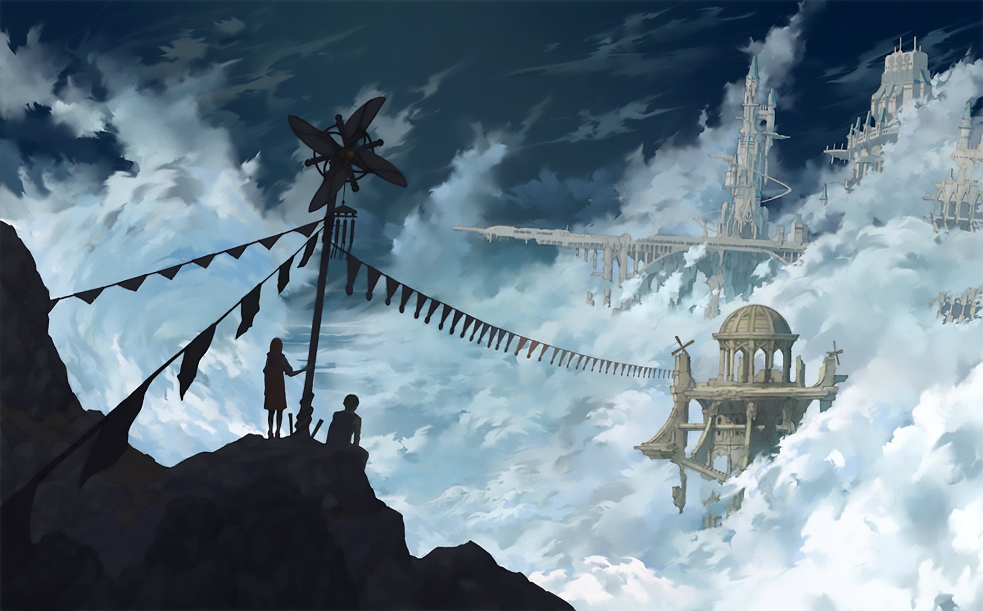 HD anime-style original artwork depicting two silhouetted figures on a cliff overlooking a vast, cloud-filled sky with floating, intricate architectural structures.