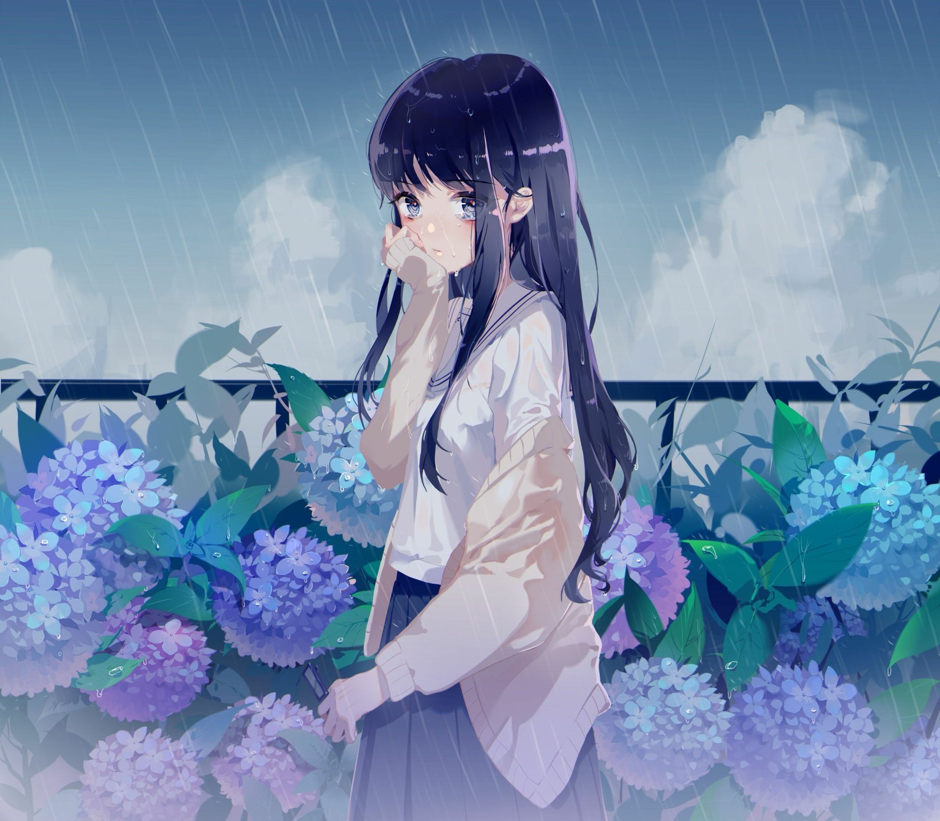 HD anime-style original artwork of a girl with long dark hair standing amid blooming hydrangeas under a cloudy sky, designed as a PC desktop wallpaper.