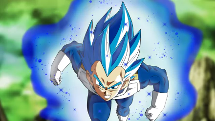 Vegeta in Super Saiyan Blue Evolved form from Dragon Ball Super, captured in dynamic 4K Ultra HD anime style for PC desktop background.