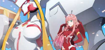 HD desktop wallpaper featuring Zero Two from the anime Darling in the FranXX, showcasing her in her red pilot suit alongside a giant mecha backdrop under a clear blue sky.