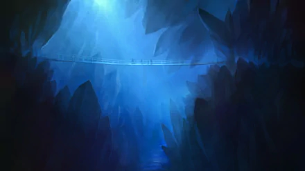A blue-toned anime-style jungle scene featuring a suspension bridge over a deep, shadowy gorge, designed as an HD PC desktop wallpaper background.