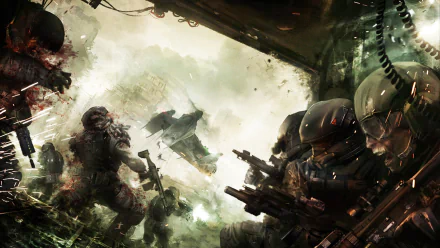 HD PC desktop wallpaper and background for the video game Blacklight: Tango Down — armored soldiers exchange gunfire amid smoke, wreckage, and a hovering aircraft.