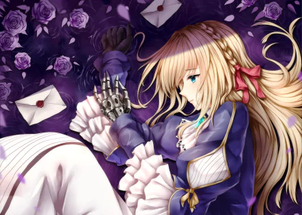 HD desktop wallpaper featuring Violet Evergarden, an anime character, lying among purple roses while looking at a letter.