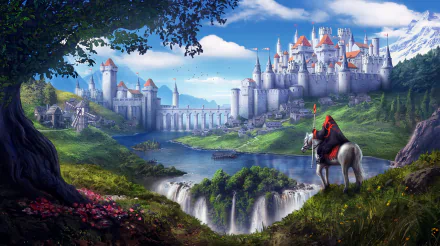A fantasy landscape wallpaper depicting a majestic castle by a river and waterfall, with a wizard on horseback in the forefront, overlooking the town.