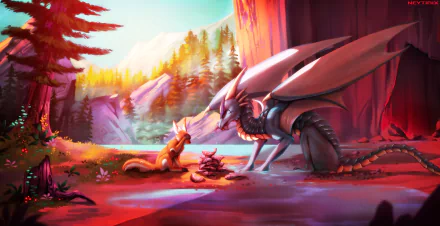 A vibrant 4K Ultra HD fantasy wallpaper features a fox and a dragon sharing a peaceful moment by a glowing forest stream at sunset.