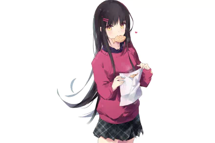 HD anime original artwork features a girl with long black hair and pink hairpins, wearing a red sweater and black skirt, holding a paper bag with a snack in her mouth.