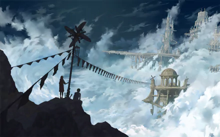 HD anime-style original artwork depicting two silhouetted figures on a cliff overlooking a vast, cloud-filled sky with floating, intricate architectural structures.