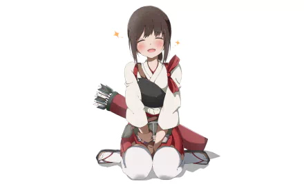 HD desktop wallpaper of Fubuki from the anime Kantai Collection. Fubuki is depicted sitting while smiling with a blush, wearing traditional archery attire.