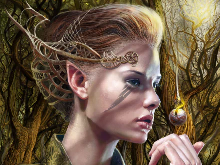 HD fantasy elf desktop wallpaper featuring a detailed close-up of an elf with delicate ear adornments, set against a mysterious forest backdrop, holding a small, glowing orb.