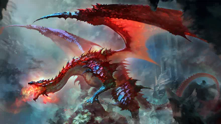 A stunning HD fantasy wallpaper featuring a vibrant, fiery dragon soaring through a mystical, turbulent sky.