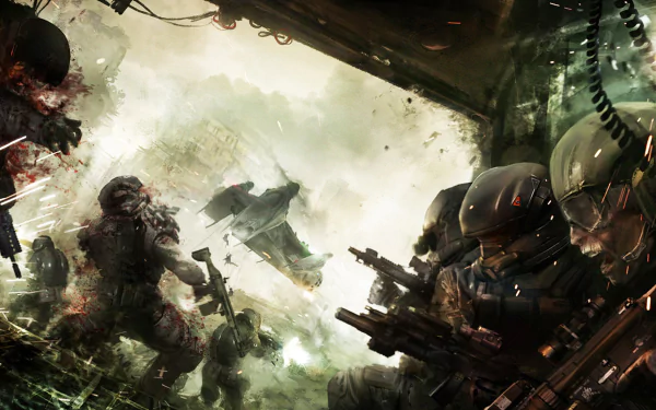 HD PC desktop wallpaper and background for the video game Blacklight: Tango Down — armored soldiers exchange gunfire amid smoke, wreckage, and a hovering aircraft.