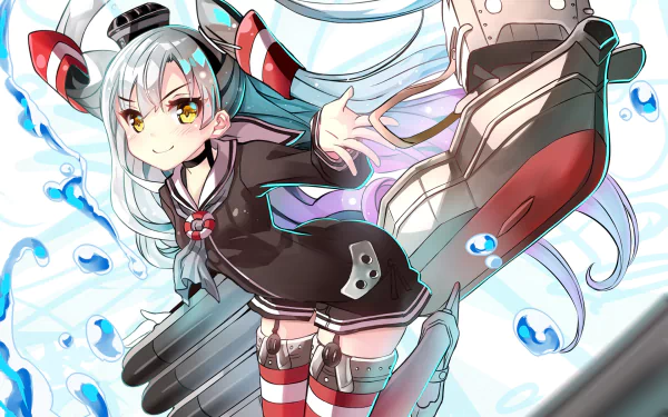 Amatsukaze (Kancolle) — Kantai Collection anime HD PC wallpaper: silver‑haired ship girl in a black sailor outfit with mechanical rigging and splashing water.