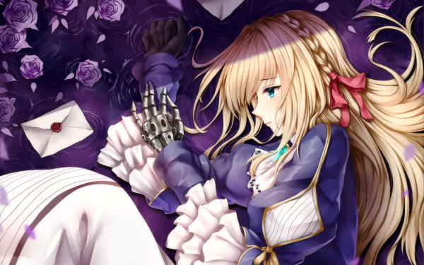 HD desktop wallpaper featuring Violet Evergarden, an anime character, lying among purple roses while looking at a letter.