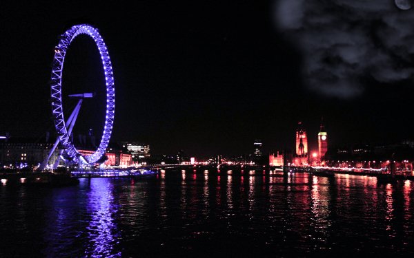 Man Made London Cities United Kingdom London Eye Night Sky Moon Water Thames Big Ben HD Wallpaper | Background Image