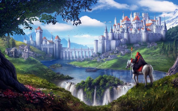 Fantasy Castle Castles Landscape Horse Wizard Waterfall Town River HD Wallpaper | Background Image
