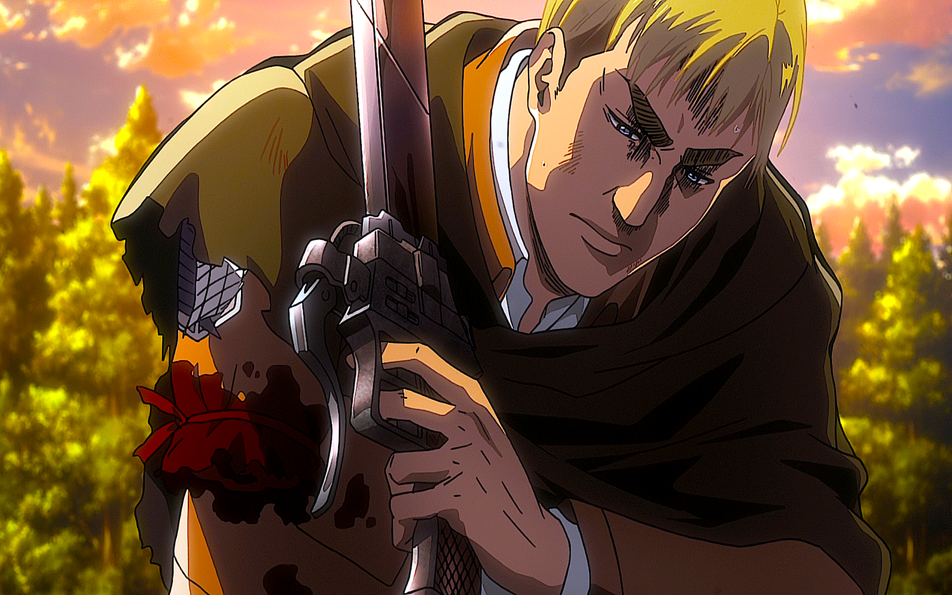 HD desktop wallpaper of Erwin Smith from Attack on Titan, showcasing an intense scene with Erwin holding his injured arm with determination against a sunset forest background.