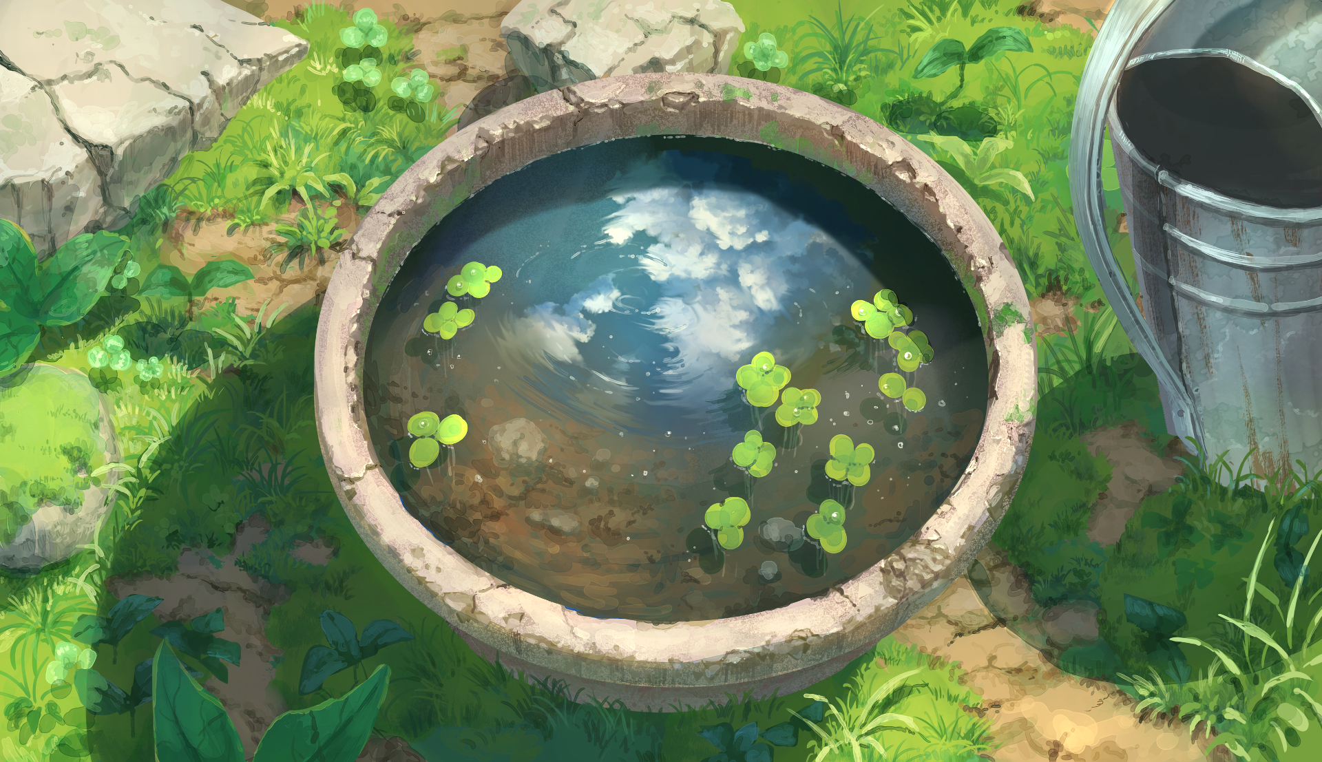 A serene HD anime wallpaper featuring an original, nature-inspired scene with a stone basin reflecting the sky, surrounded by lush greenery.