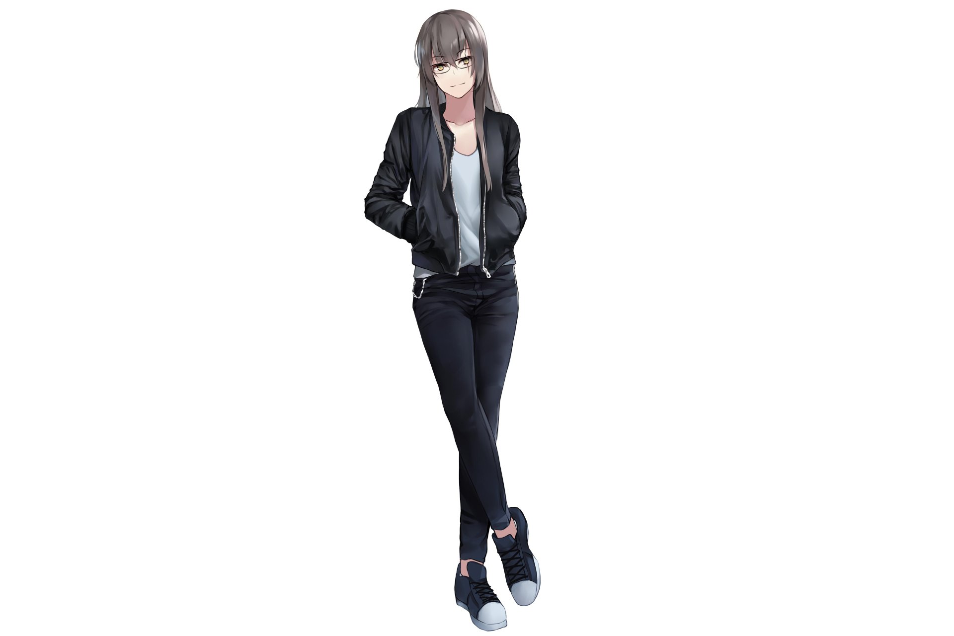4K Ultra HD PC wallpaper featuring UMP45 from the video game Girls Frontline, showcasing her casual outfit and relaxed pose on a white background.