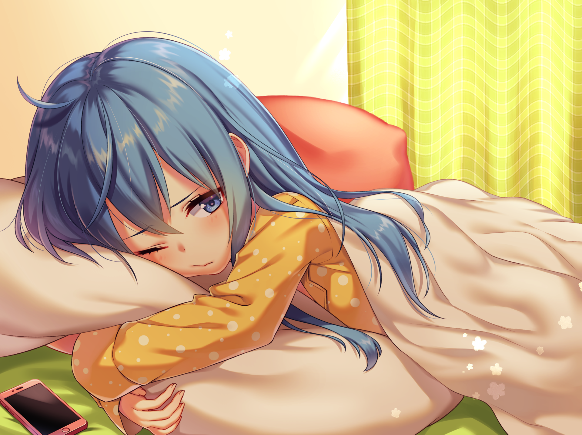 Anime girl with blue hair and yellow polka-dotted pajamas, lying in bed with a relaxed expression. HD desktop wallpaper and background.
