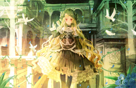HD anime wallpaper featuring an original character in a lush, ornate setting. The character has long blonde hair and wears an intricate, frilly outfit. White birds and green foliage adorn the scene.