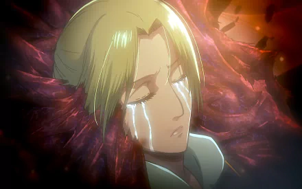 HD desktop wallpaper featuring Annie Leonhart from Attack on Titan, crying with closed eyes.
